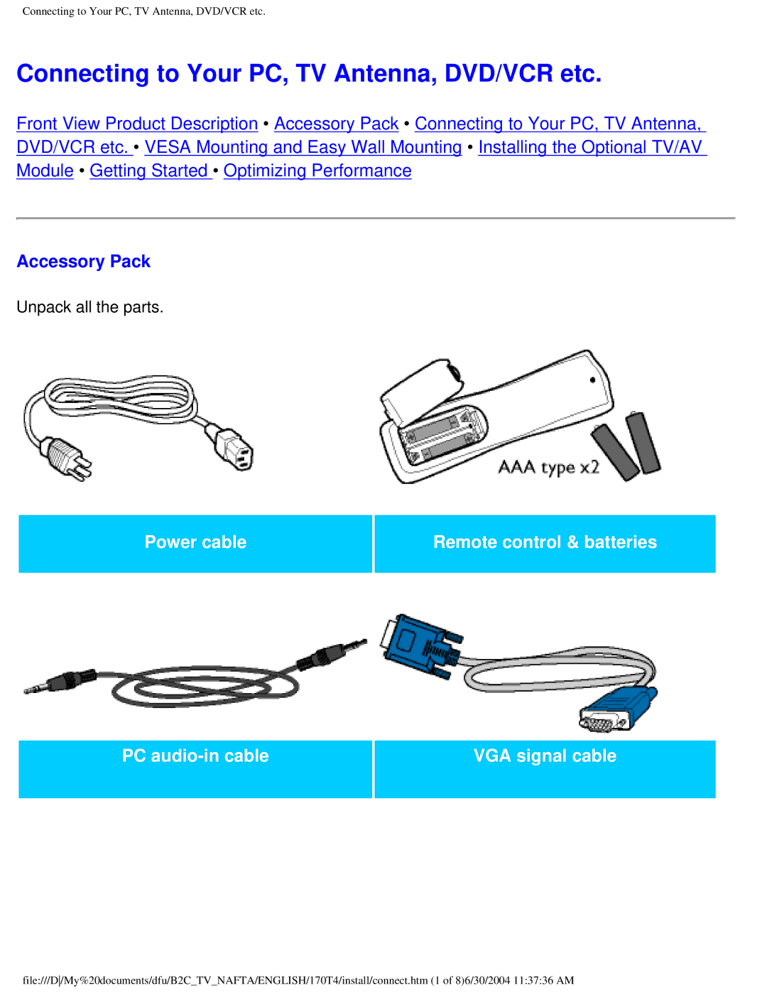 Philips 170T4 manual Connecting to Your PC, TV Antenna, DVD/VCR etc, Accessory Pack 