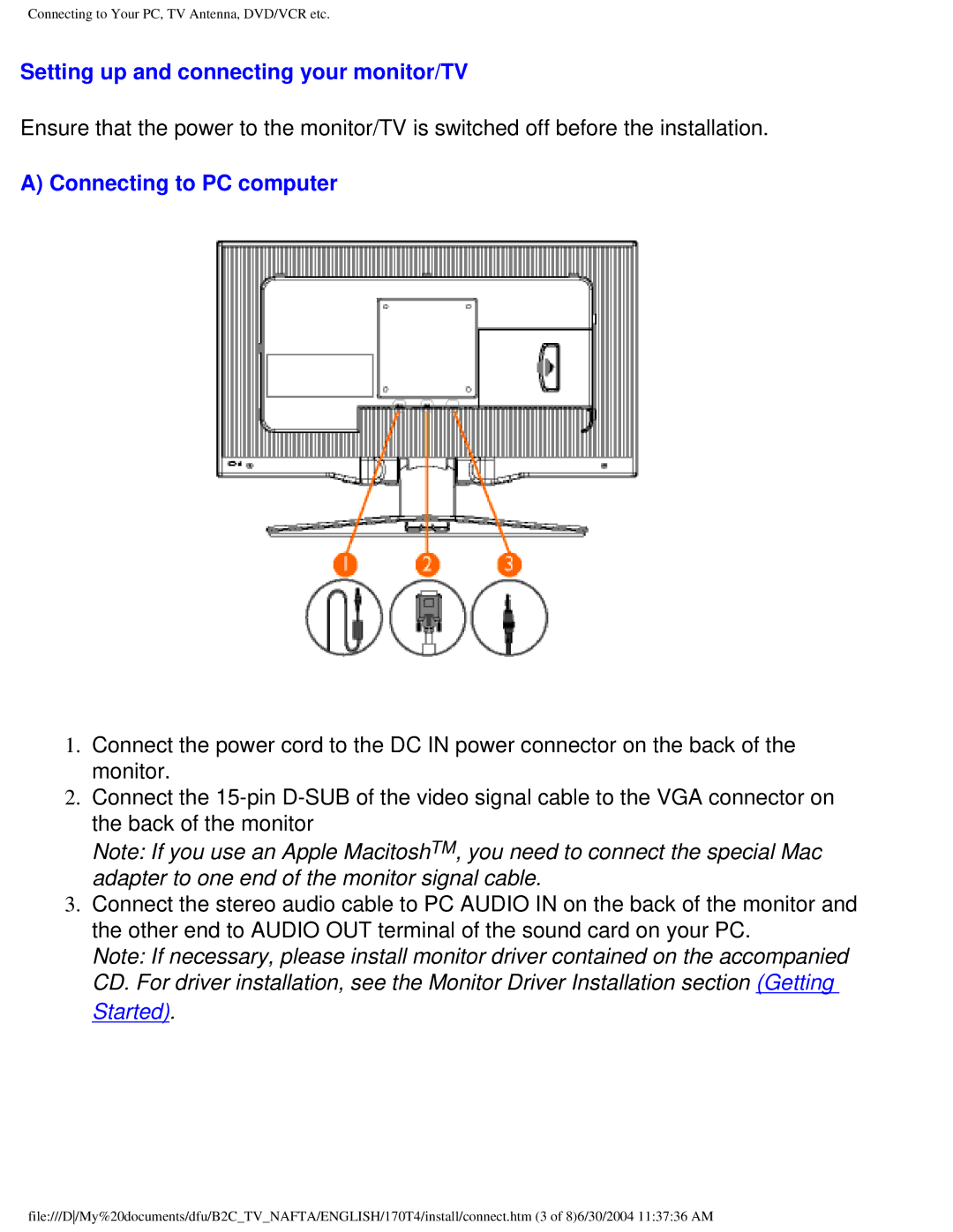 Philips 170T4 manual Setting up and connecting your monitor/TV, Connecting to PC computer 