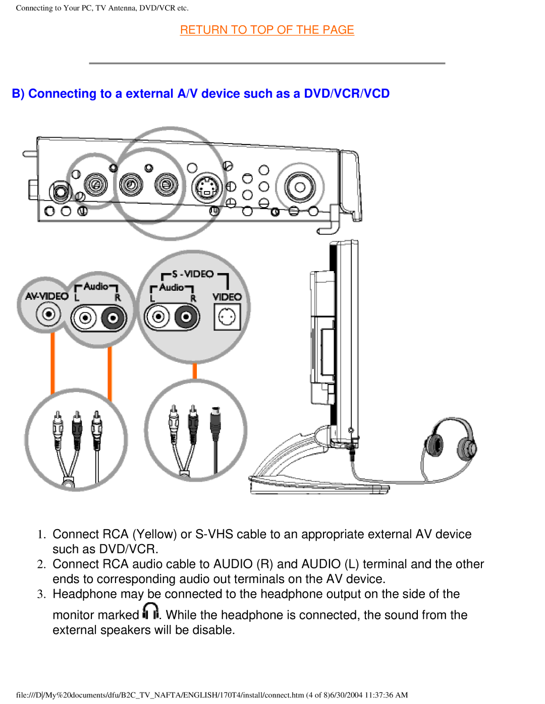 Philips 170T4 manual Connecting to a external A/V device such as a DVD/VCR/VCD 