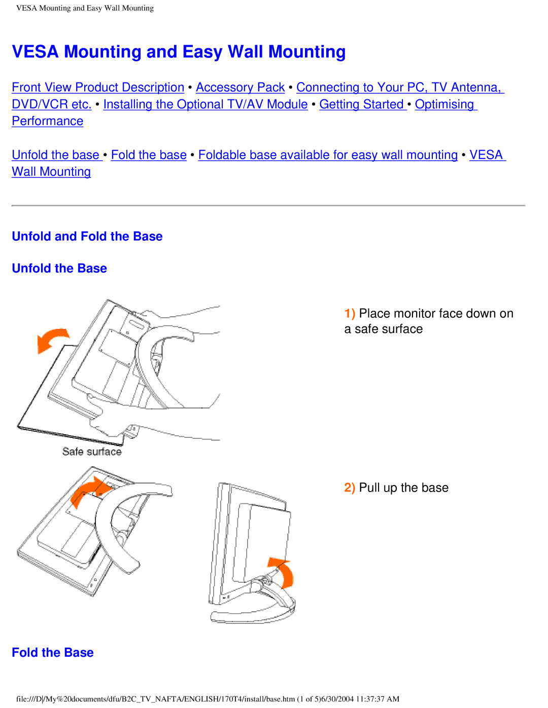 Philips 170T4 manual Vesa Mounting and Easy Wall Mounting, Unfold and Fold the Base Unfold the Base 