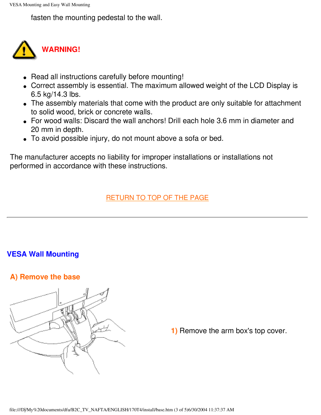 Philips 170T4 manual Vesa Wall Mounting, Remove the arm boxs top cover 