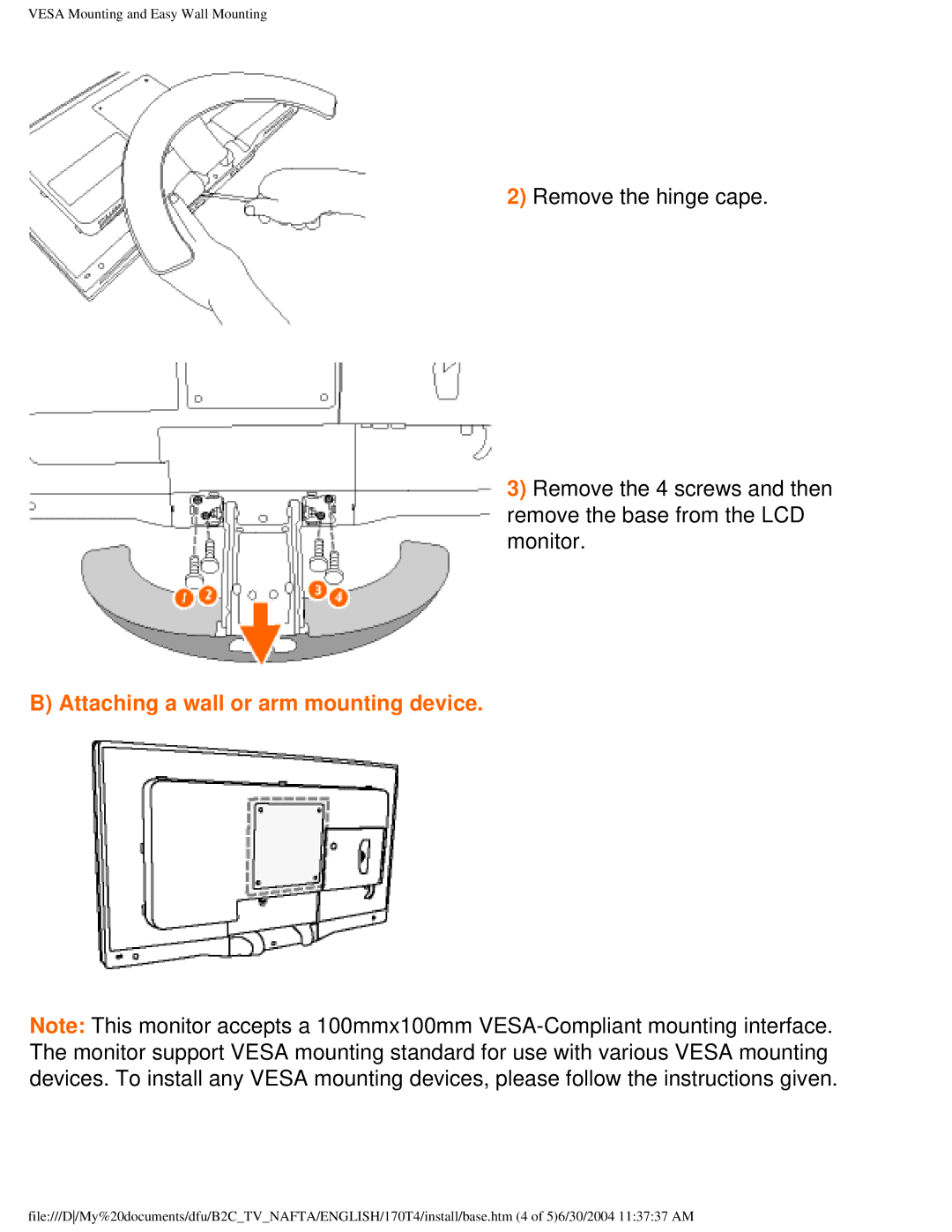 Philips 170T4 manual Attaching a wall or arm mounting device 