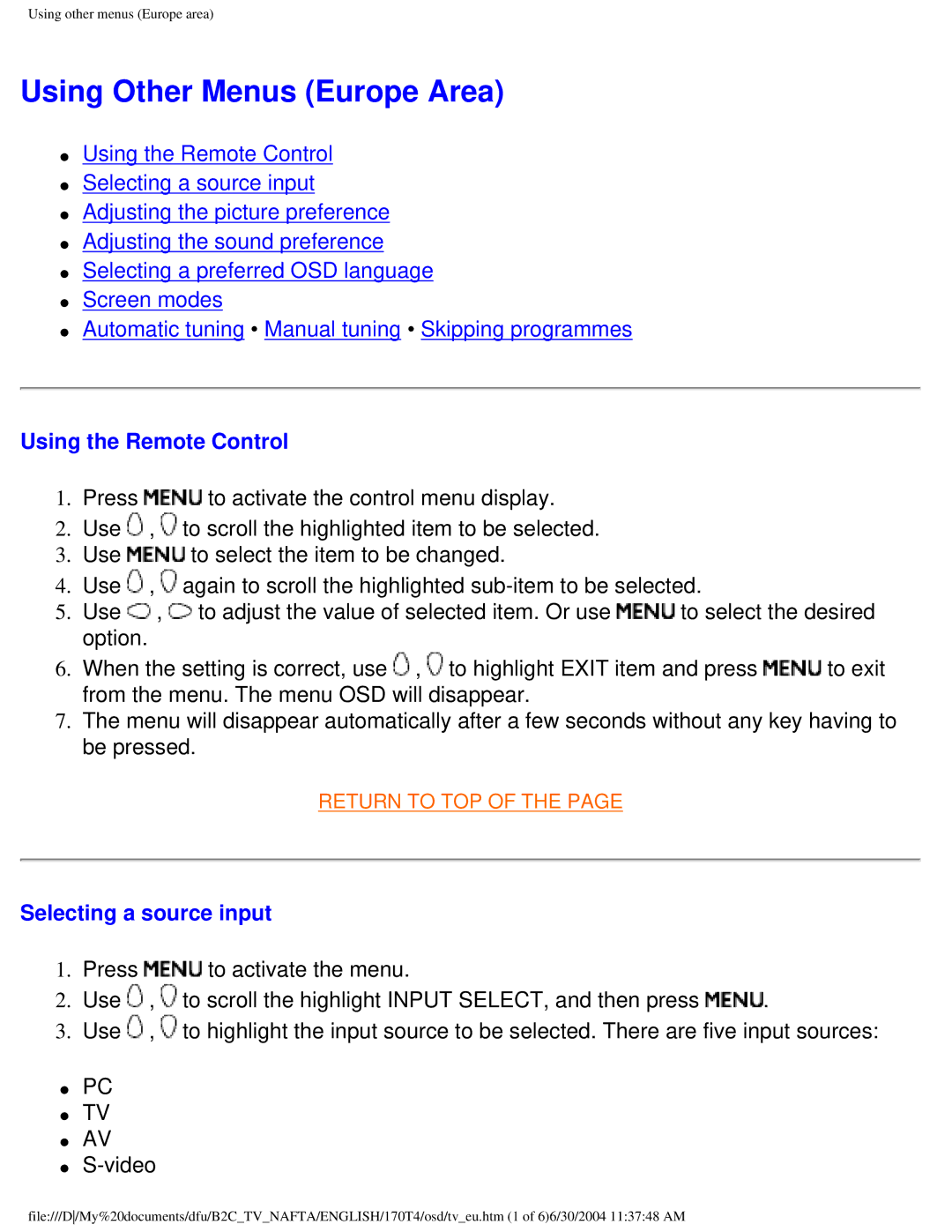 Philips 170T4 manual Using Other Menus Europe Area, Using the Remote Control, Selecting a source input 