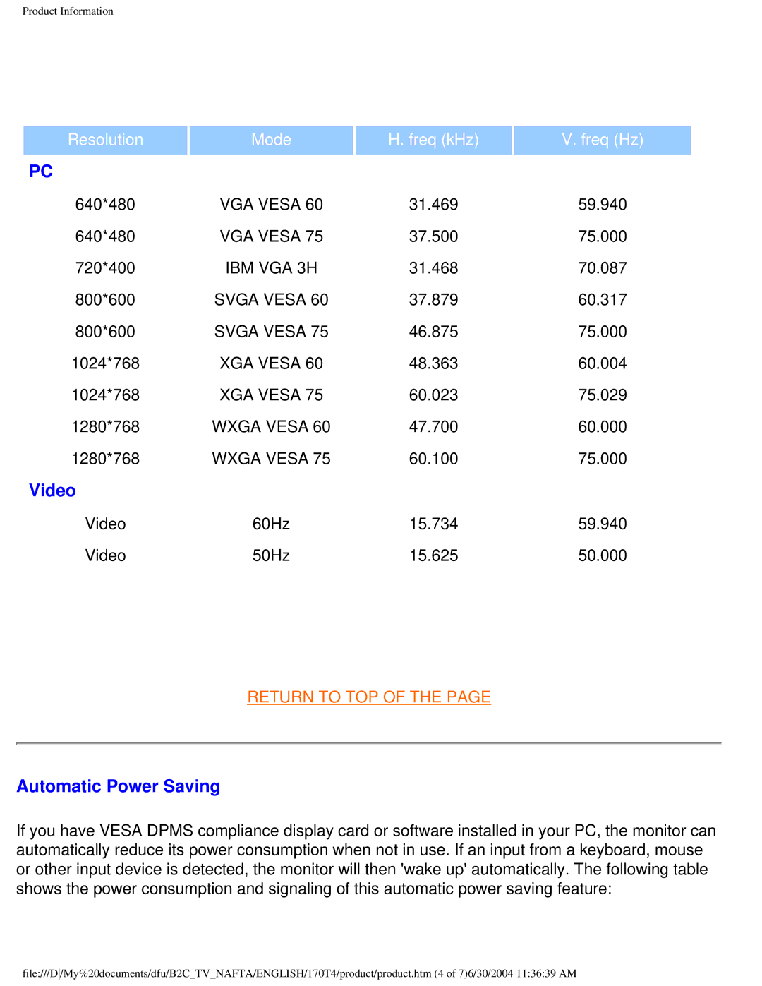 Philips 170T4 manual Video, Automatic Power Saving 