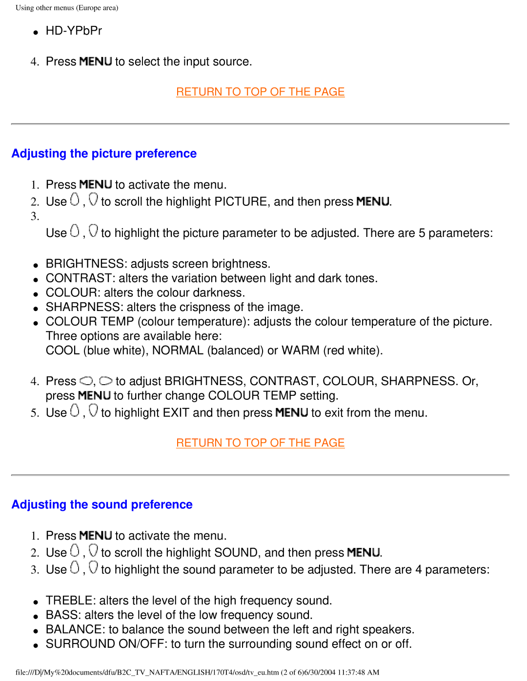 Philips 170T4 HD-YPbPr Press to select the input source, Adjusting the picture preference, Adjusting the sound preference 