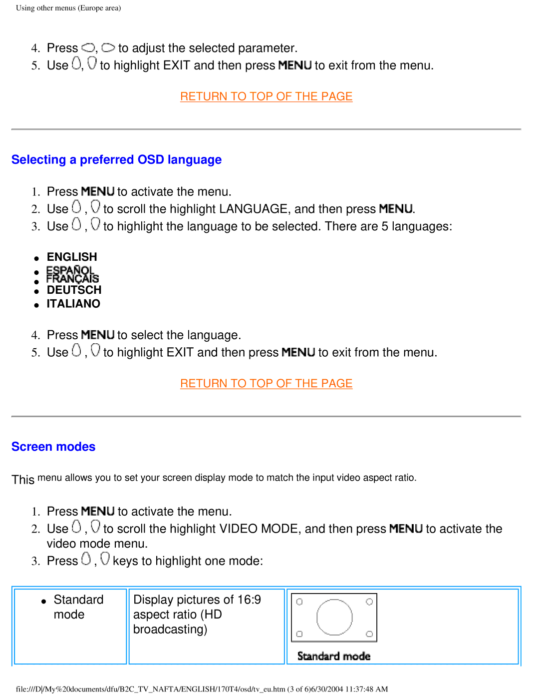 Philips 170T4 manual Selecting a preferred OSD language, Screen modes, Mode Aspect ratio HD Broadcasting 