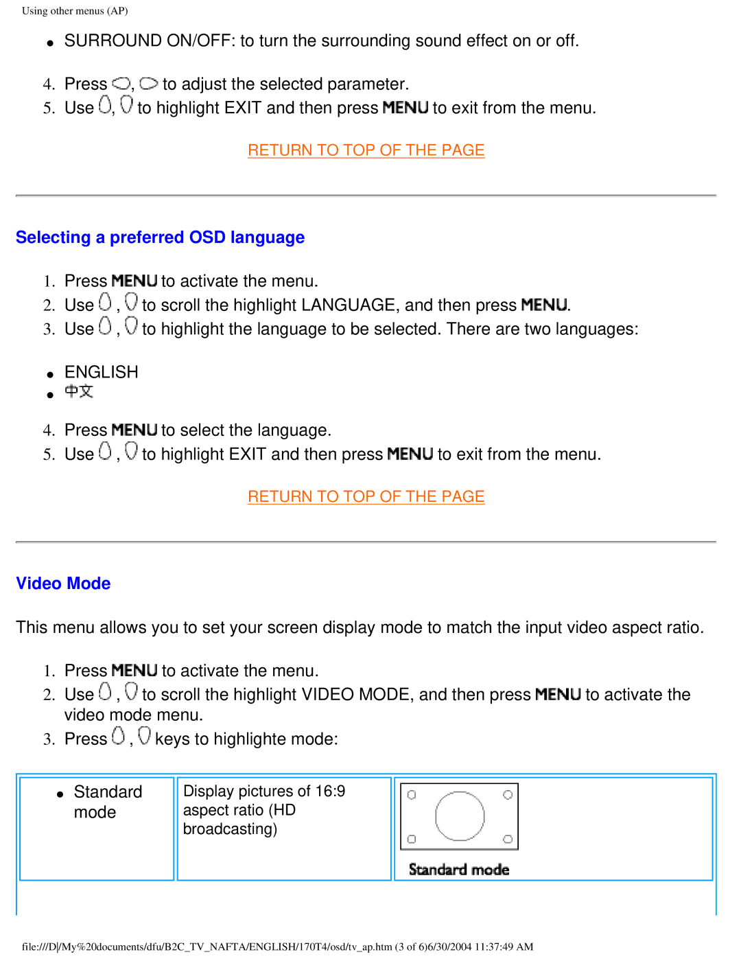 Philips 170T4 manual English, Video Mode 