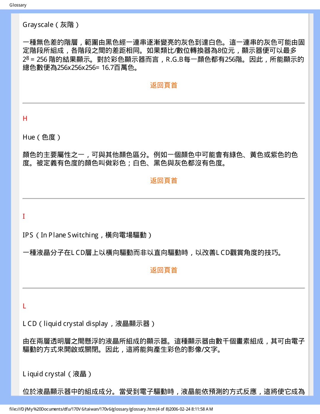 Philips 170V6 user manual Grayscale（灰階）, Hue（色度）, LCD（liquid crystal display，液晶顯示器） 