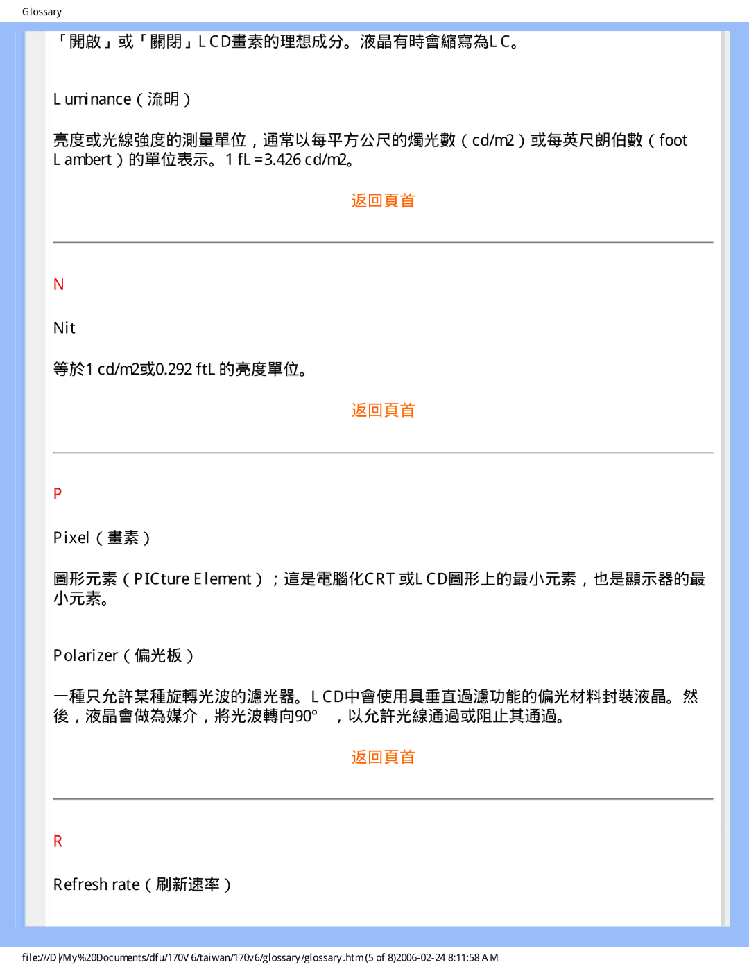 Philips 170V6 user manual 「開啟」或「關閉」LCD畫素的理想成分。液晶有時會縮寫為LC。 Luminance（流明）, Nit 等於1 cd/m2或0.292 ftL的亮度單位。, Refresh rate（刷新速率） 