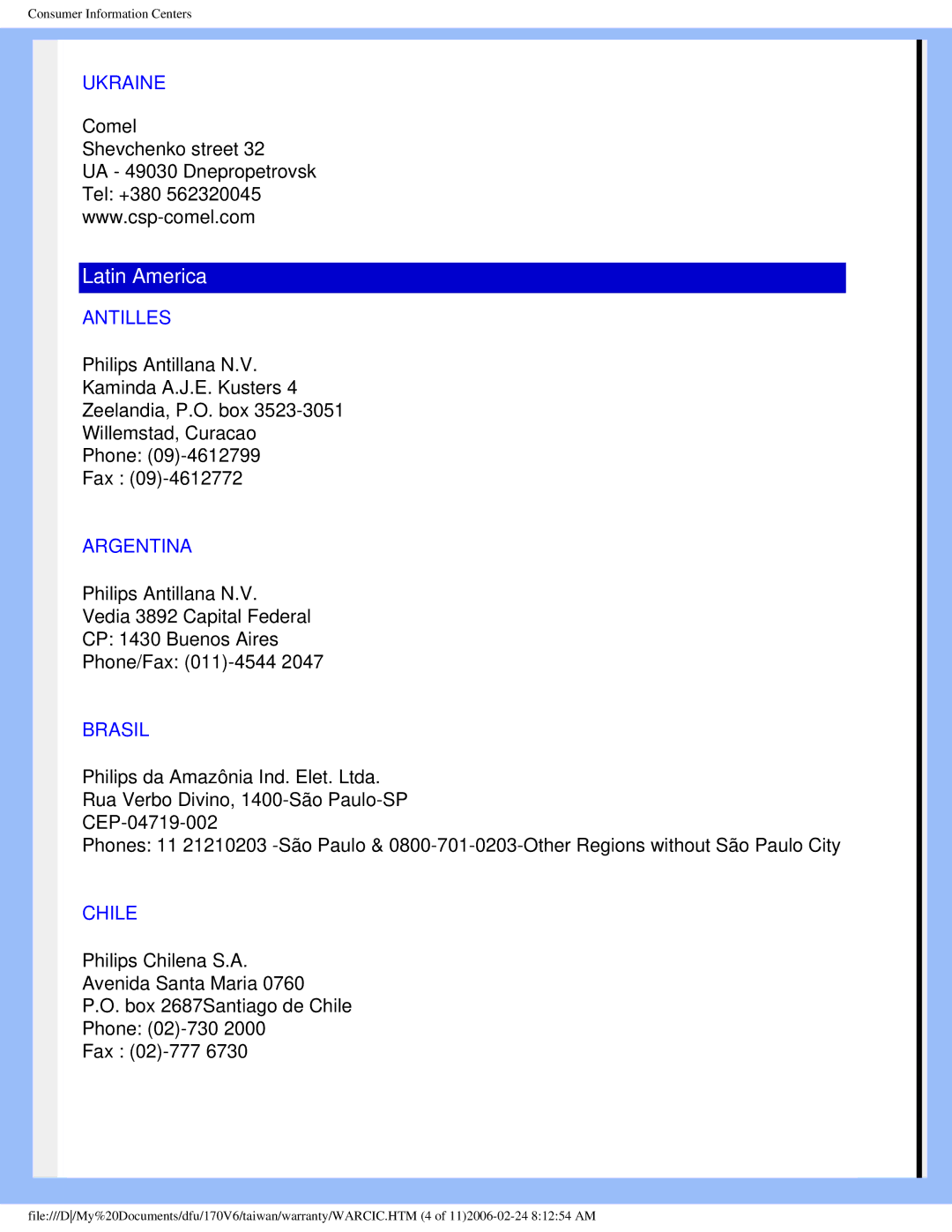 Philips 170V6 user manual Ukraine, Antilles, Argentina, Brasil, Chile 