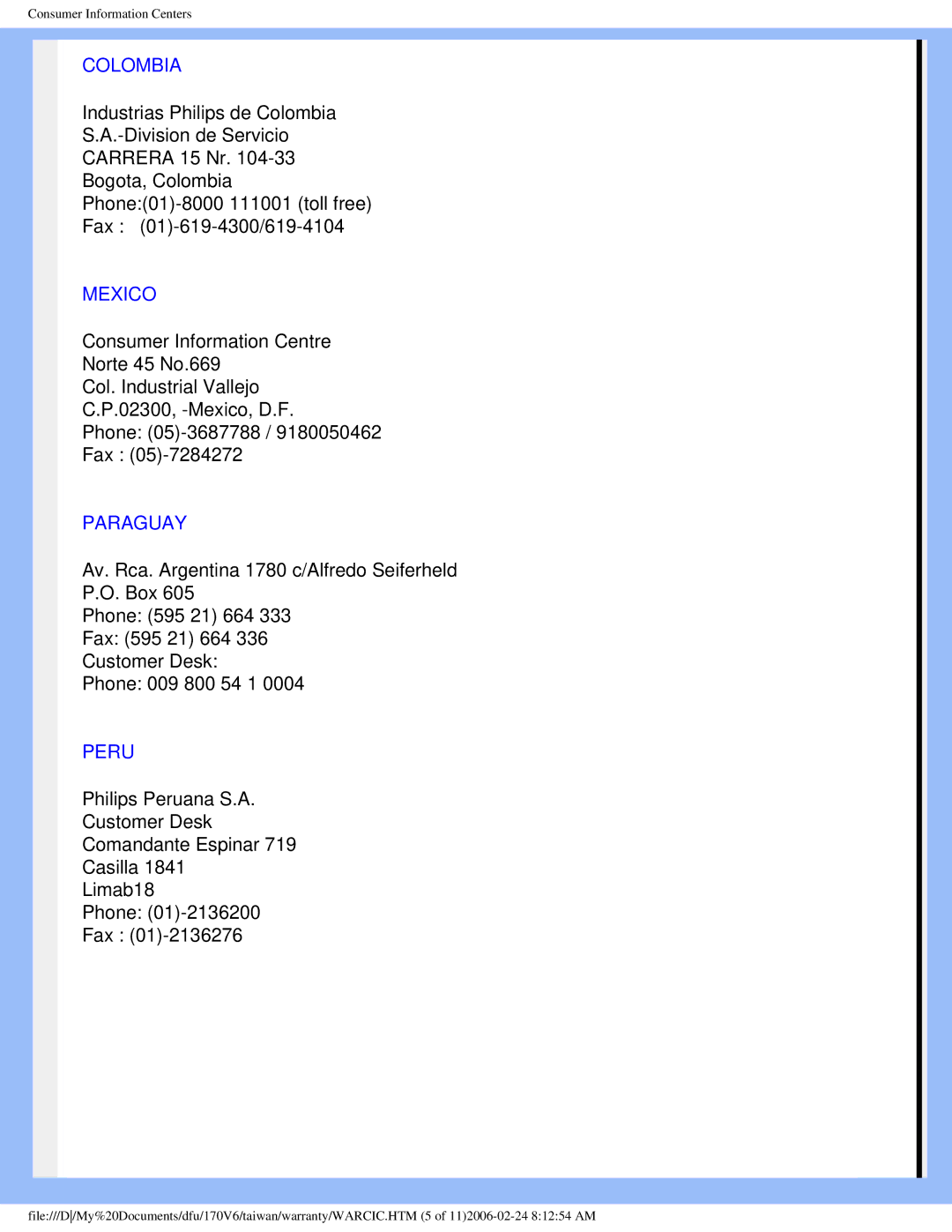 Philips 170V6 user manual Colombia, Mexico, Paraguay, Peru 