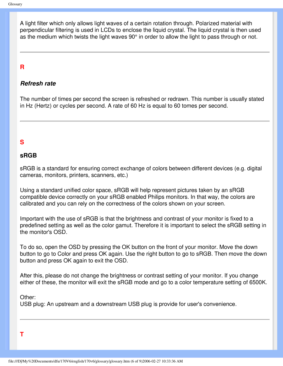 Philips 170V6 user manual Refresh rate 