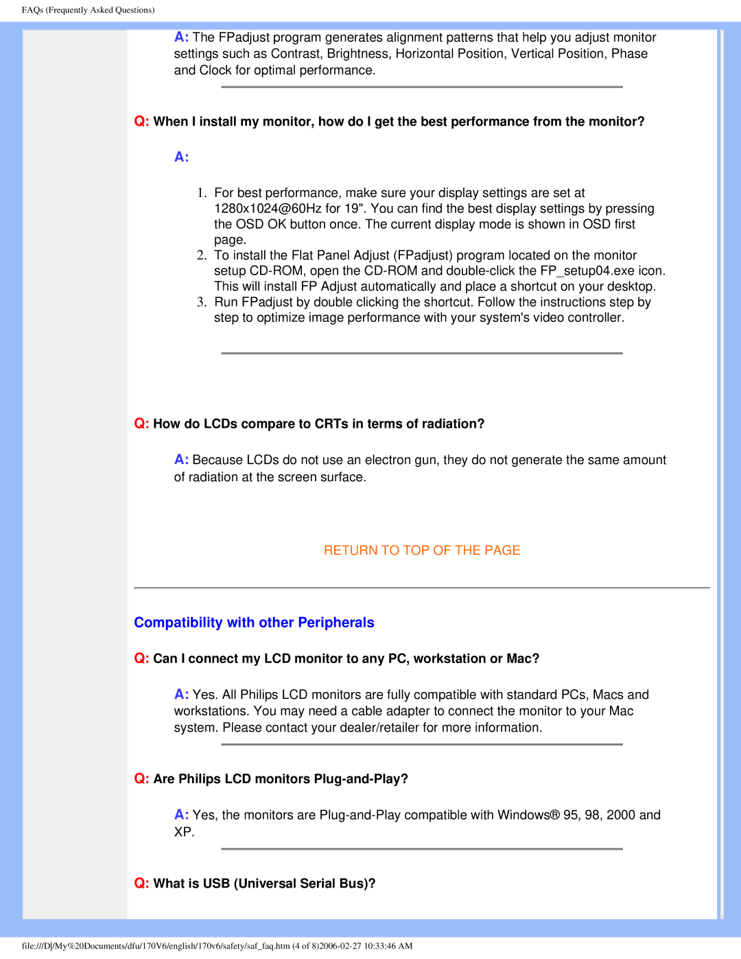 Philips 170V6 user manual Compatibility with other Peripherals, How do LCDs compare to CRTs in terms of radiation? 