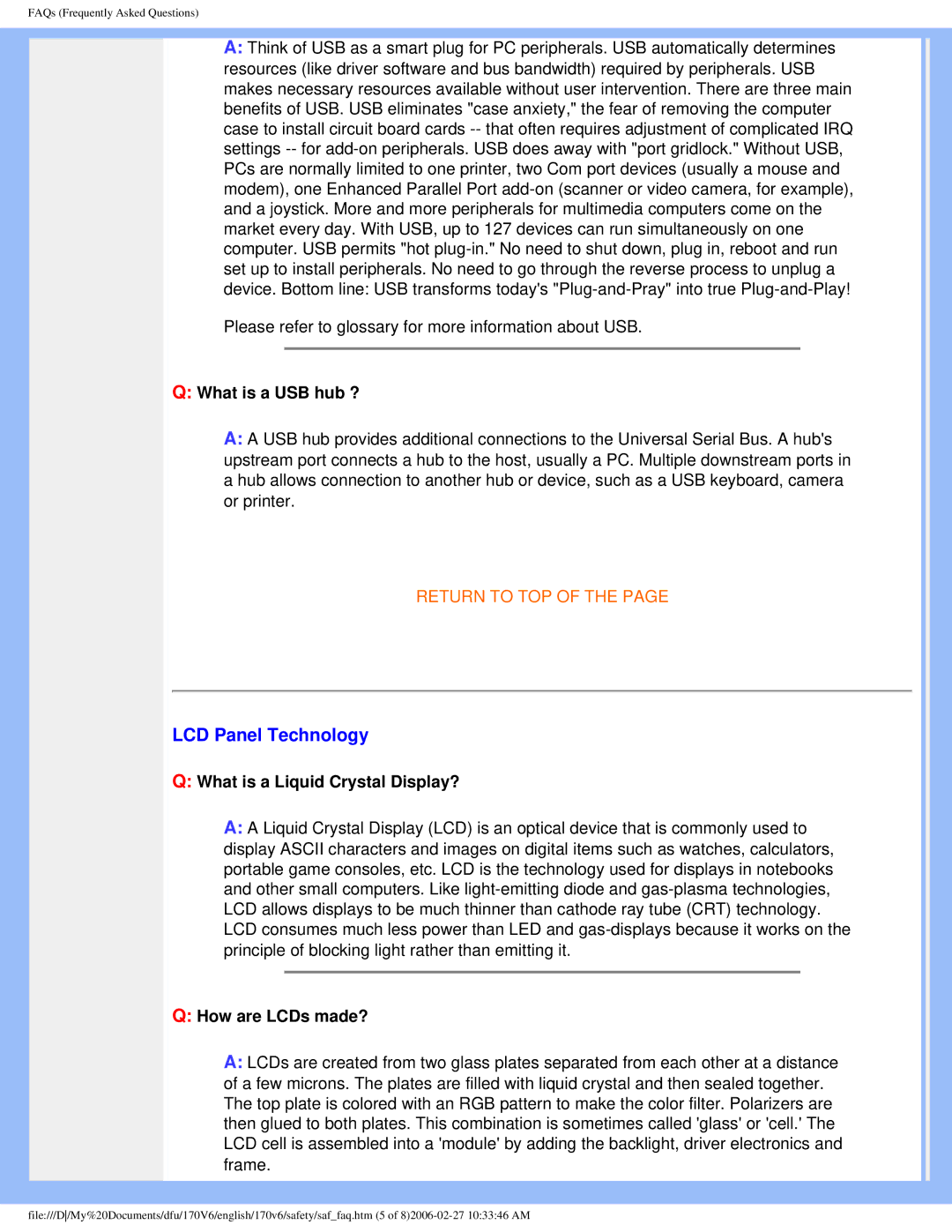 Philips 170V6 user manual LCD Panel Technology, What is a USB hub ?, What is a Liquid Crystal Display?, How are LCDs made? 