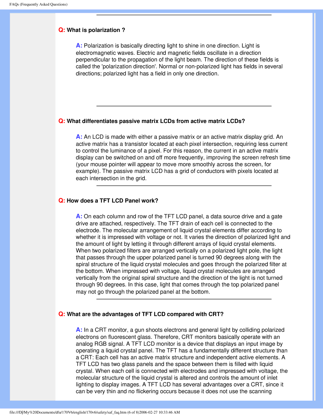 Philips 170V6 user manual What is polarization ?, How does a TFT LCD Panel work? 