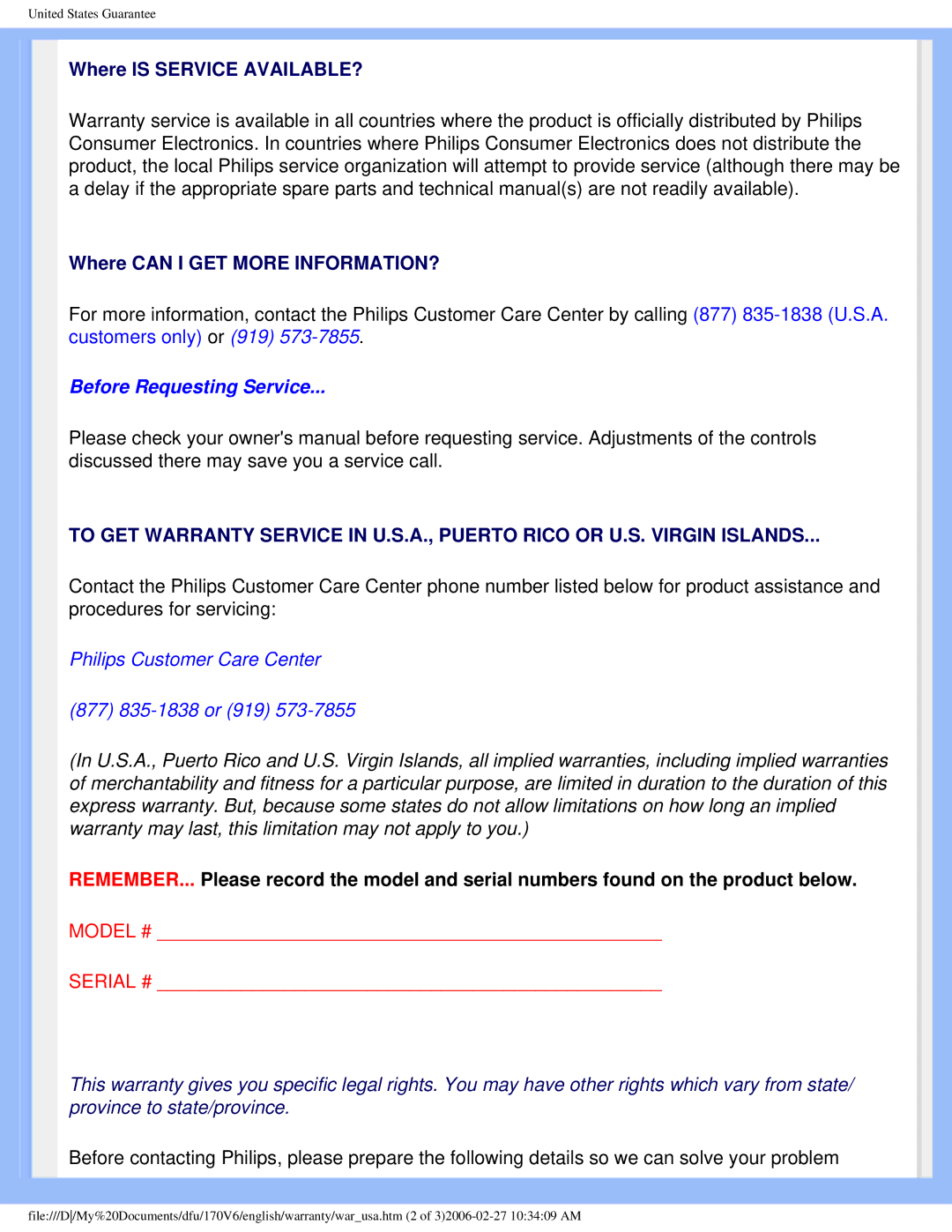 Philips 170V6 user manual Before Requesting Service 