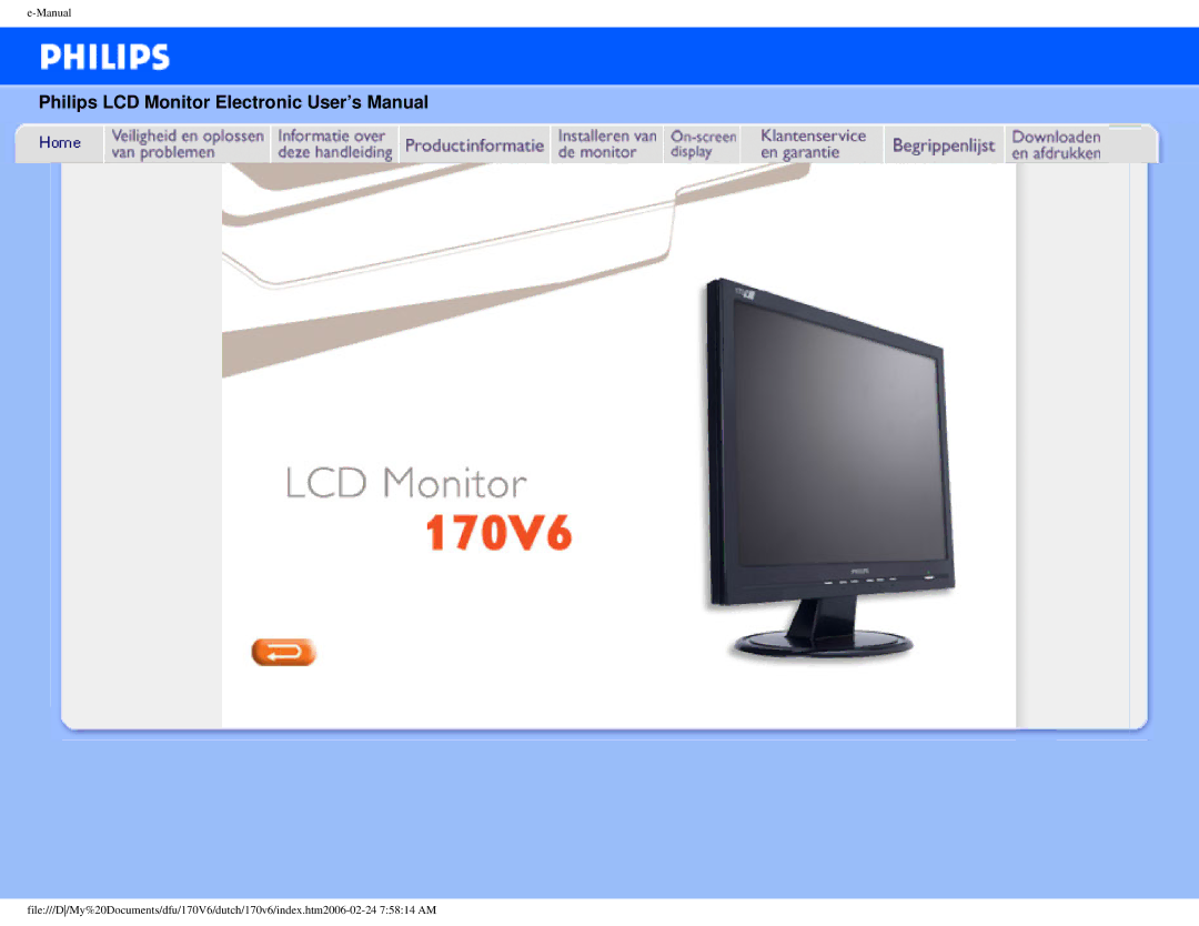 Philips 170V6 user manual Philips LCD Monitor Electronic User’s Manual 