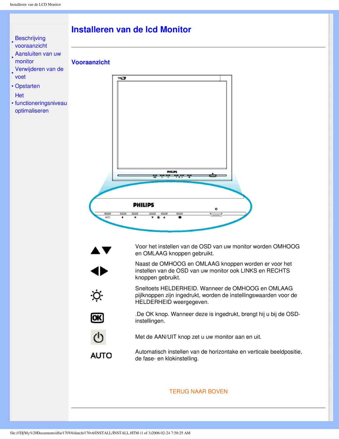 Philips 170V6 user manual Installeren van de lcd Monitor, Vooraanzicht 