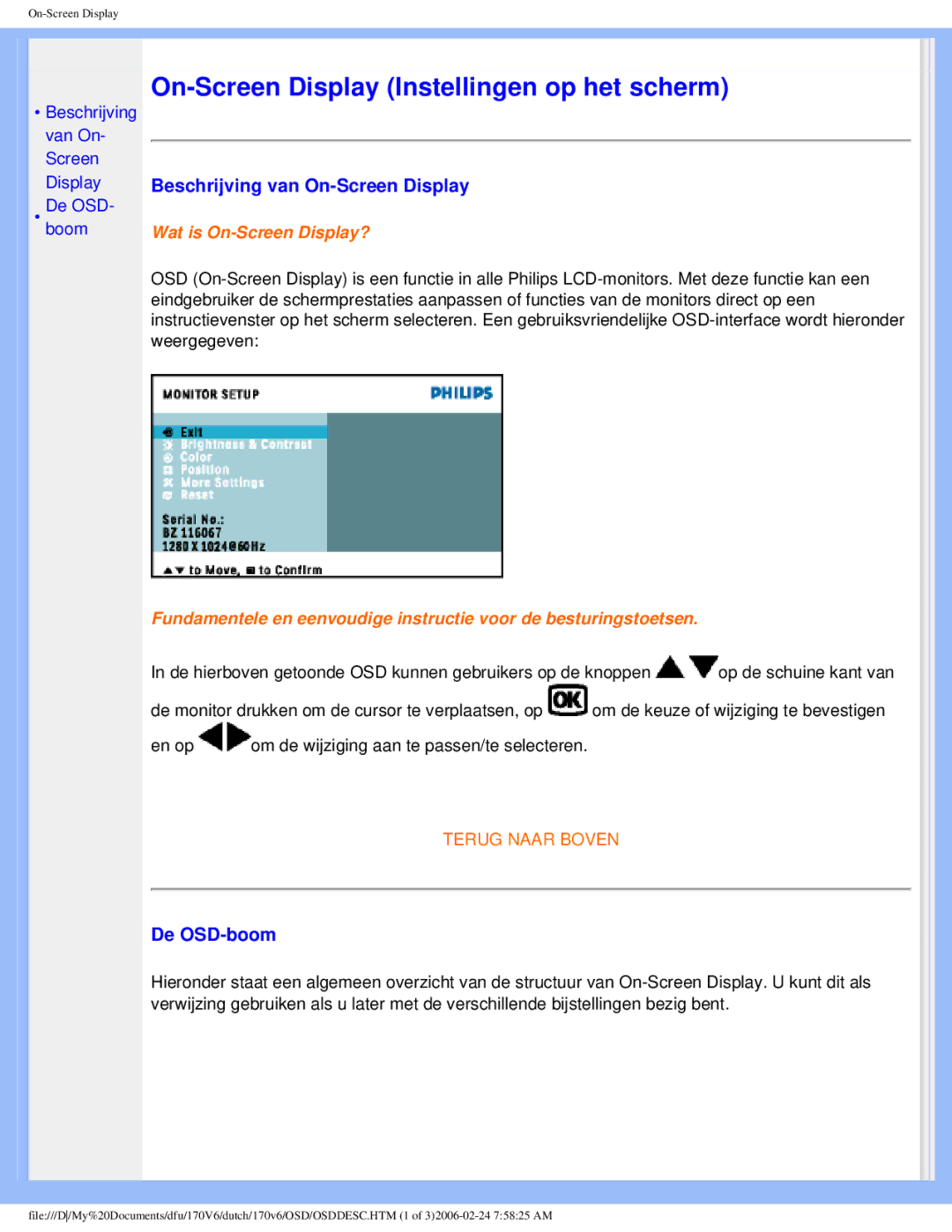 Philips 170V6 user manual Beschrijving van On-Screen Display, De OSD-boom 