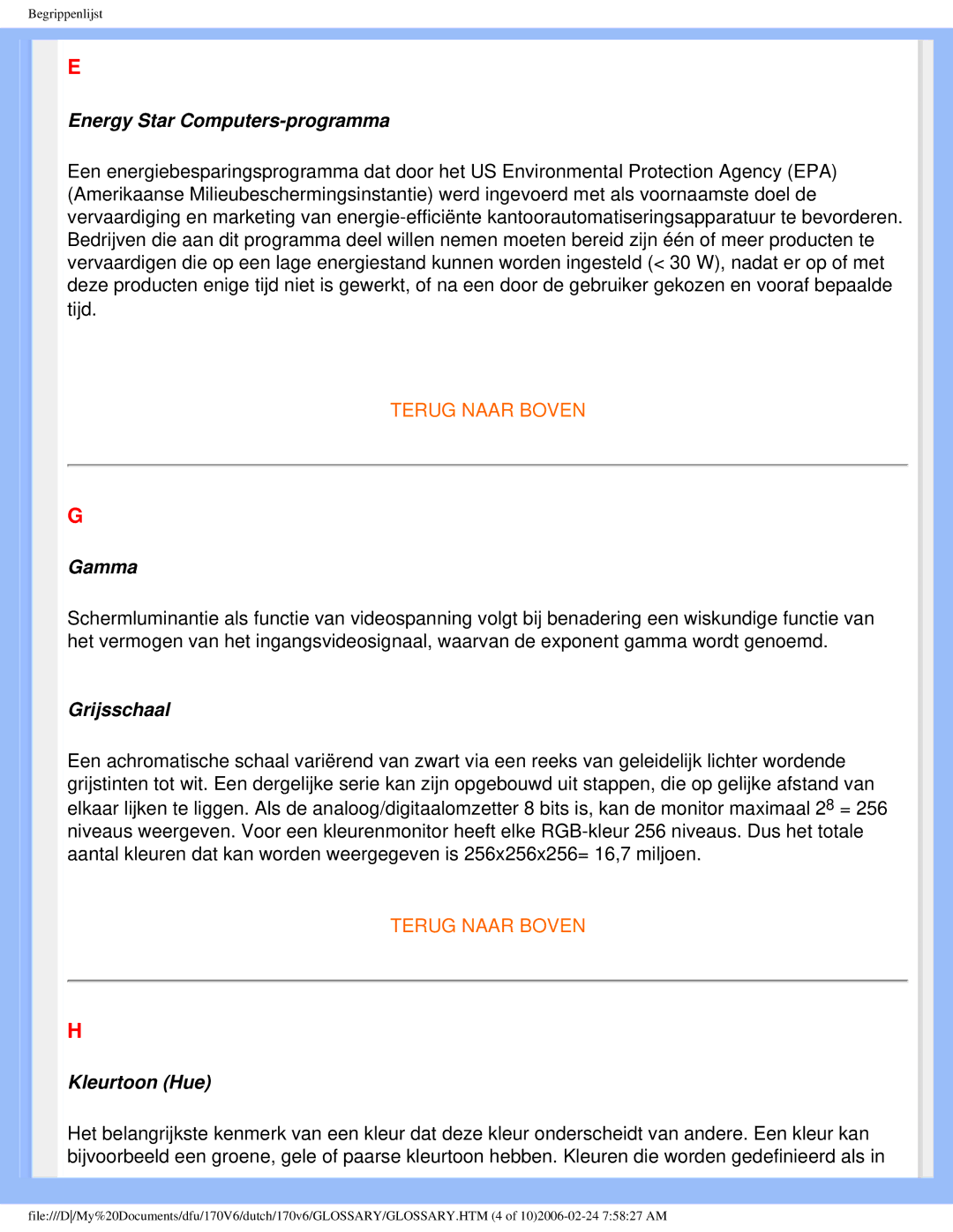 Philips 170V6 user manual Energy Star Computers-programma, Gamma, Grijsschaal, Kleurtoon Hue 