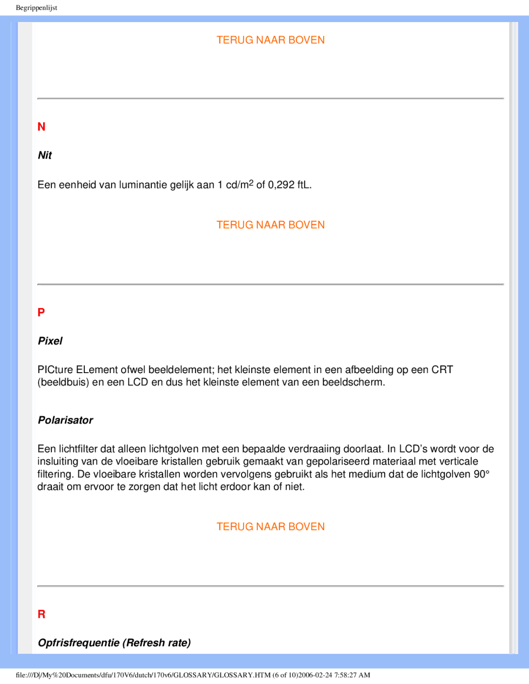 Philips 170V6 user manual Nit, Pixel, Polarisator, Opfrisfrequentie Refresh rate 