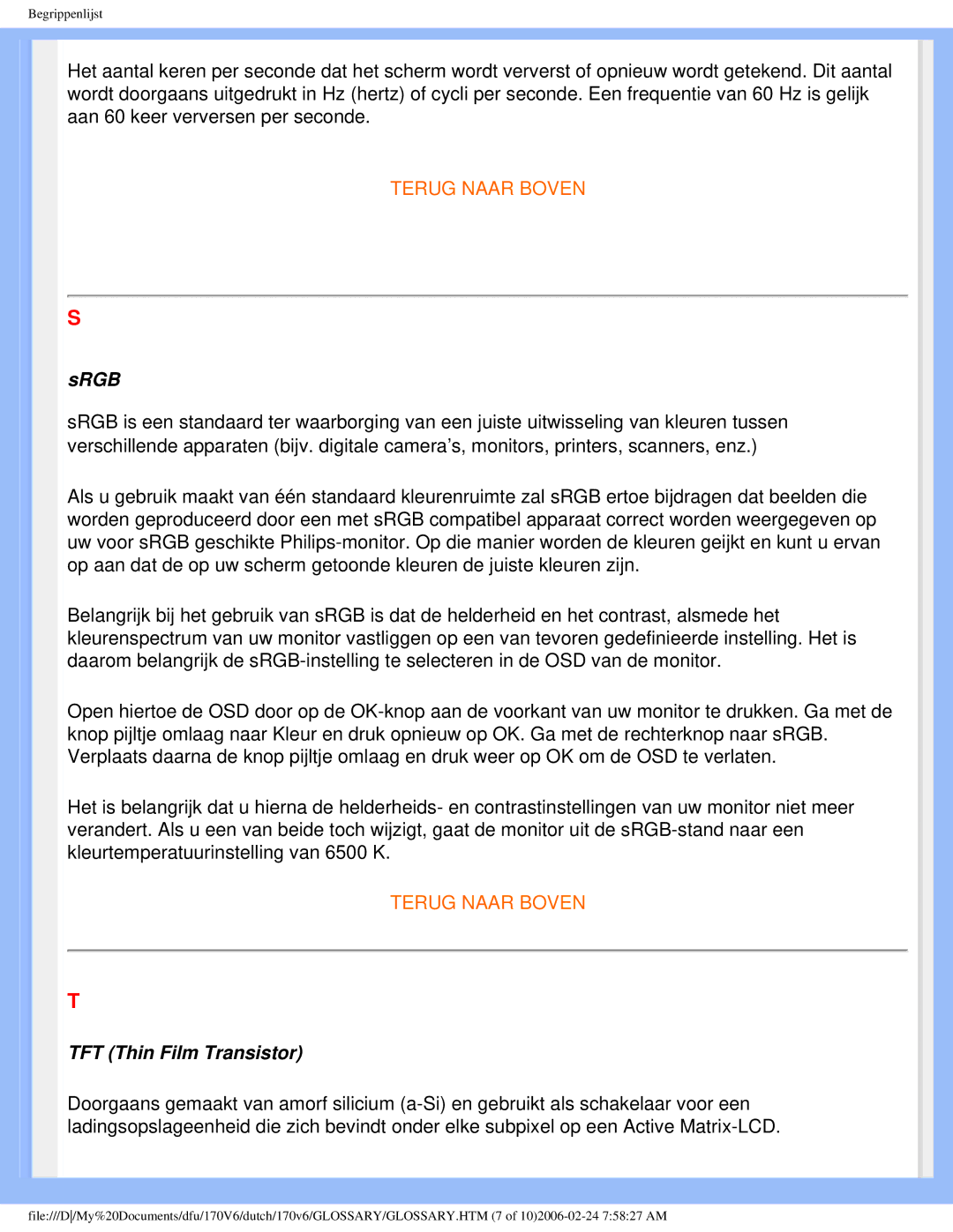 Philips 170V6 user manual Srgb, TFT Thin Film Transistor 