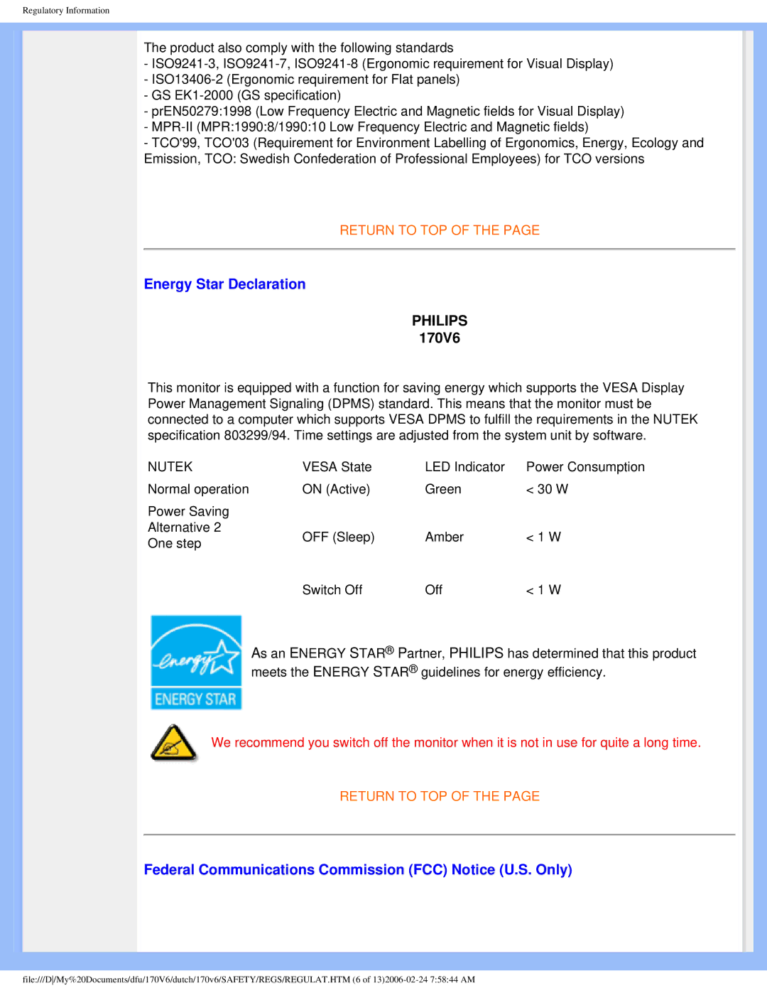 Philips 170V6 user manual Energy Star Declaration, Federal Communications Commission FCC Notice U.S. Only 