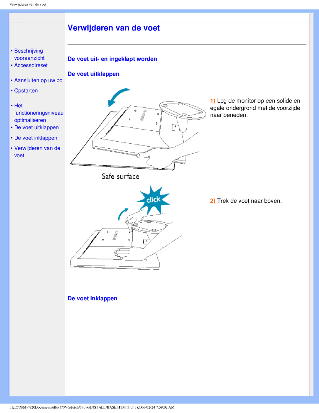 Philips 170V6 user manual Verwijderen van de voet 