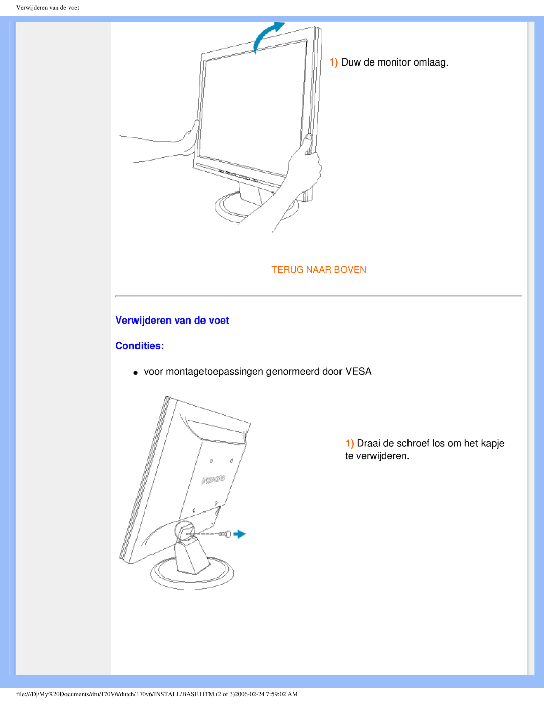 Philips 170V6 user manual Verwijderen van de voet Condities 