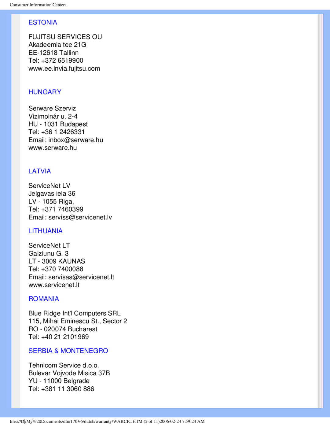 Philips 170V6 user manual Estonia, Hungary, Latvia, Lithuania, Romania, Serbia & Montenegro 