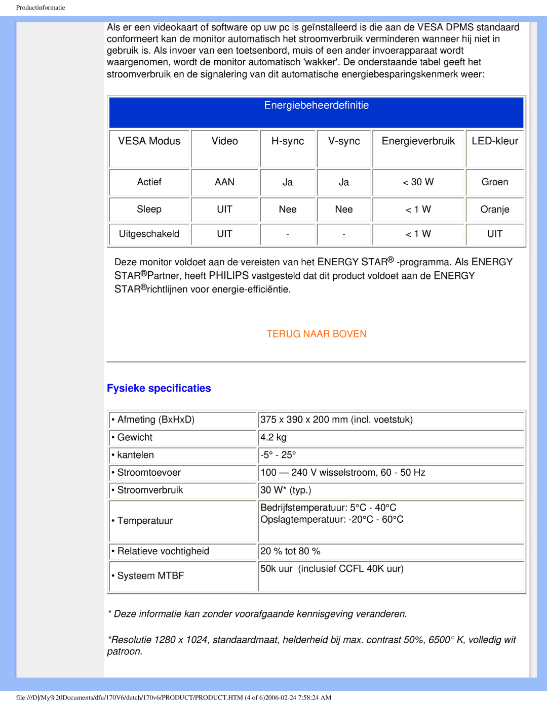 Philips 170V6 user manual Energiebeheerdefinitie, Fysieke specificaties 