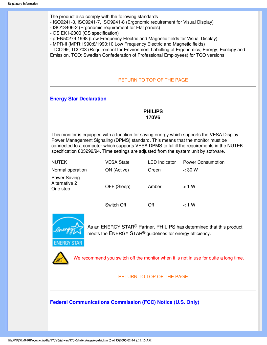 Philips user manual Energy Star Declaration, PHILIPS 170V6, Return To Top Of The Page 