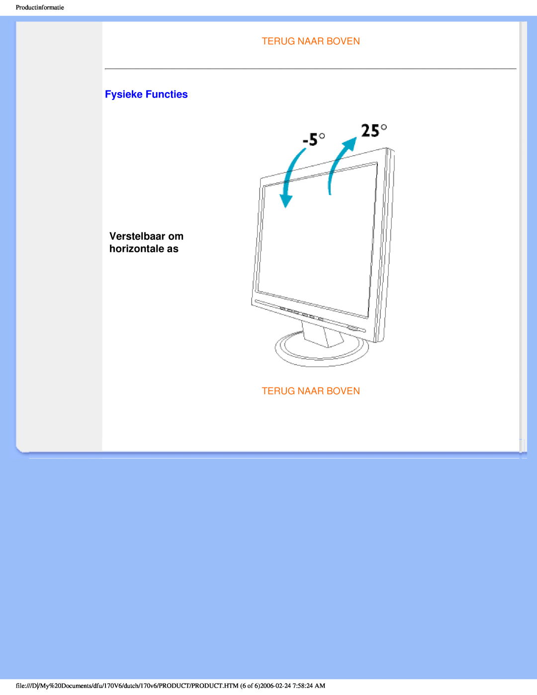 Philips 170V6 user manual Fysieke Functies, Verstelbaar om horizontale as, Terug Naar Boven, Productinformatie 