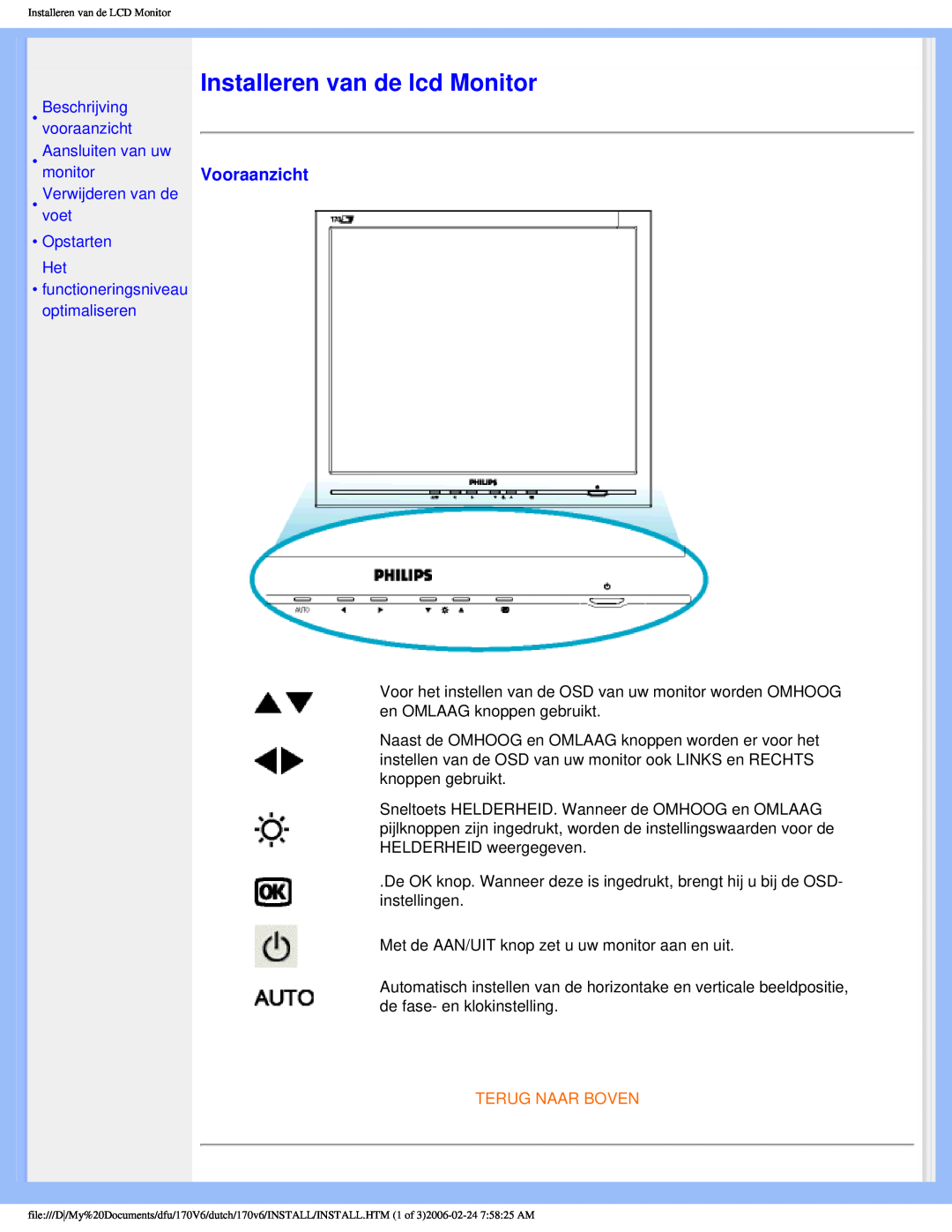 Philips 170V6 user manual Installeren van de lcd Monitor, Vooraanzicht, Opstarten Het, Terug Naar Boven 