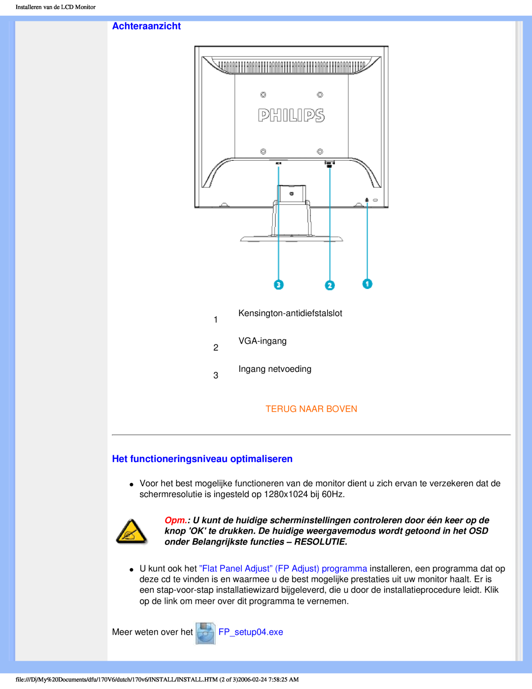 Philips 170V6 user manual Achteraanzicht, Het functioneringsniveau optimaliseren, Terug Naar Boven 