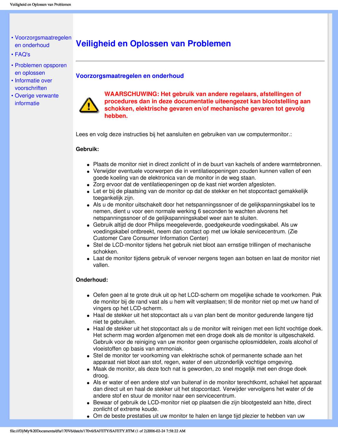 Philips 170V6 Veiligheid en Oplossen van Problemen, Voorzorgsmaatregelen en onderhoud, FAQs, Informatie over voorschriften 