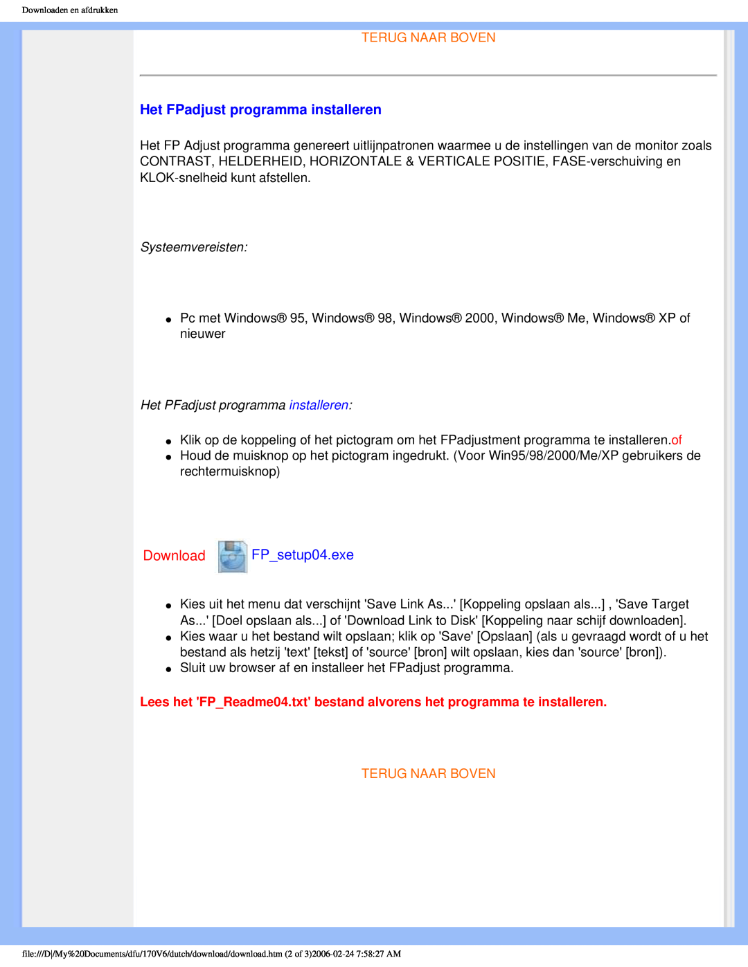 Philips 170V6 user manual Het FPadjust programma installeren, Download FP setup04.exe, Terug Naar Boven 