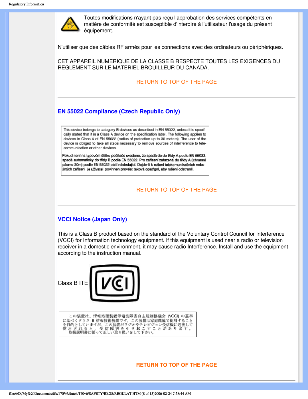 Philips 170V6 user manual EN 55022 Compliance Czech Republic Only, VCCI Notice Japan Only, Return To Top Of The Page 