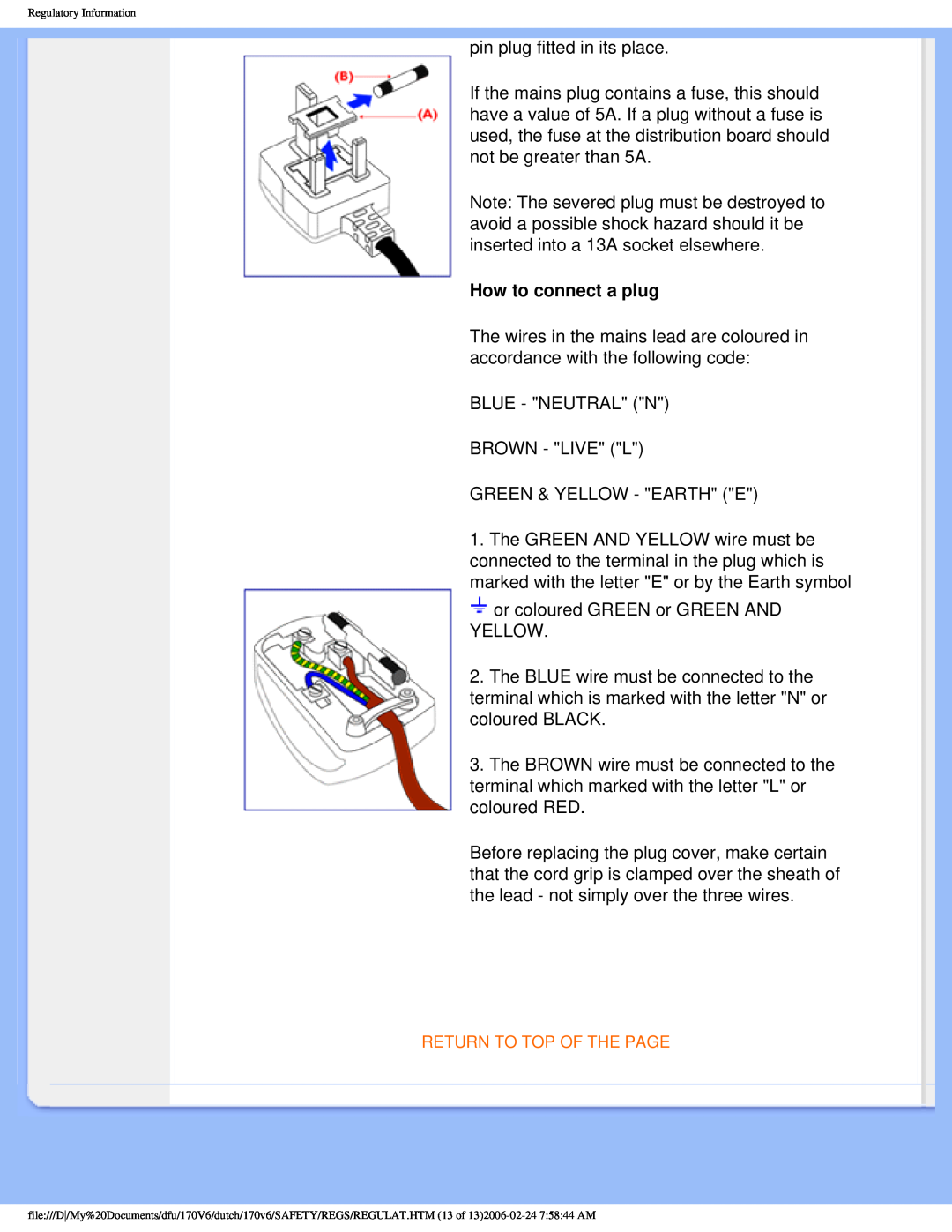 Philips 170V6 user manual How to connect a plug 