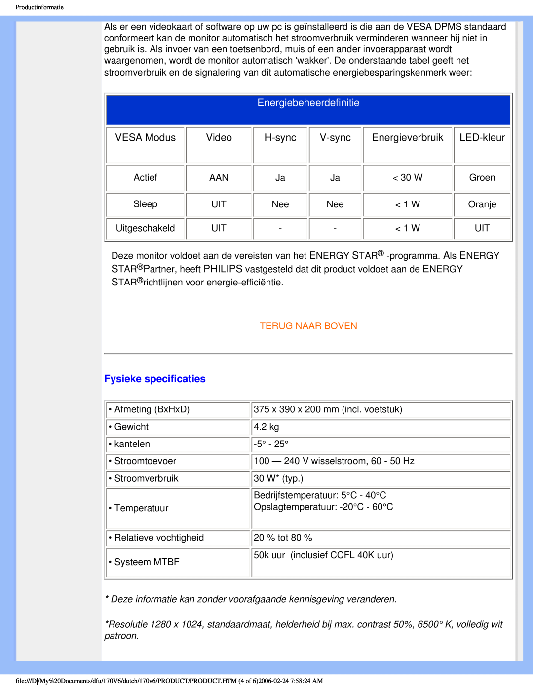 Philips 170V6 user manual Energiebeheerdefinitie, Fysieke specificaties, Terug Naar Boven 