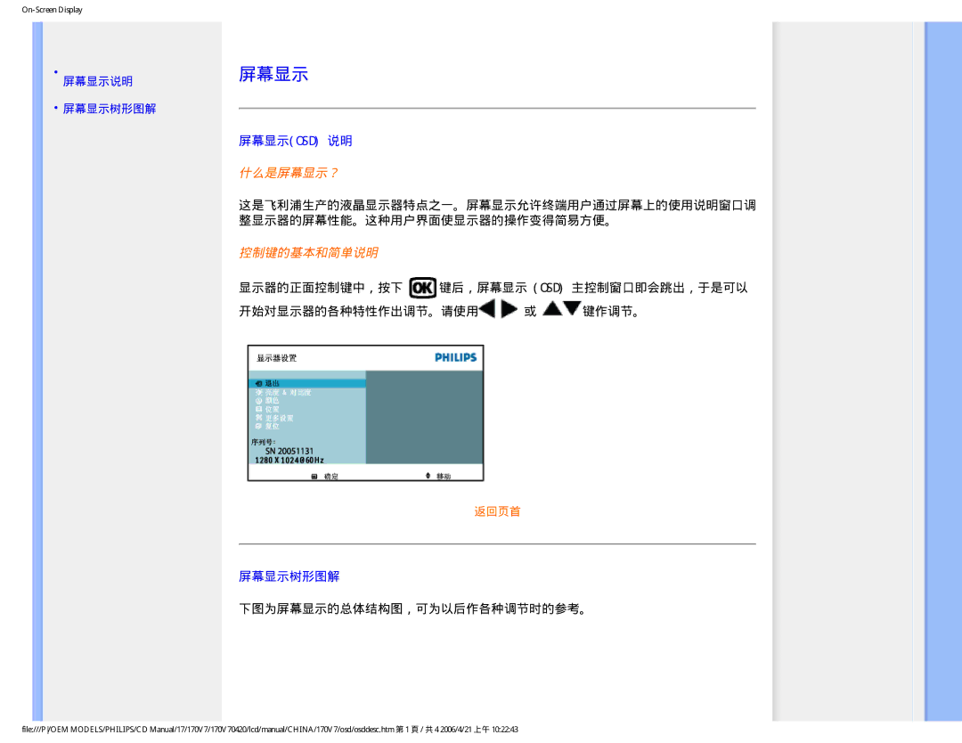 Philips 170V7 user manual 屏幕显示osd 说明, 屏幕显示树形图解, 下图为屏幕显示的总体结构图，可为以后作各种调节时的参考。 