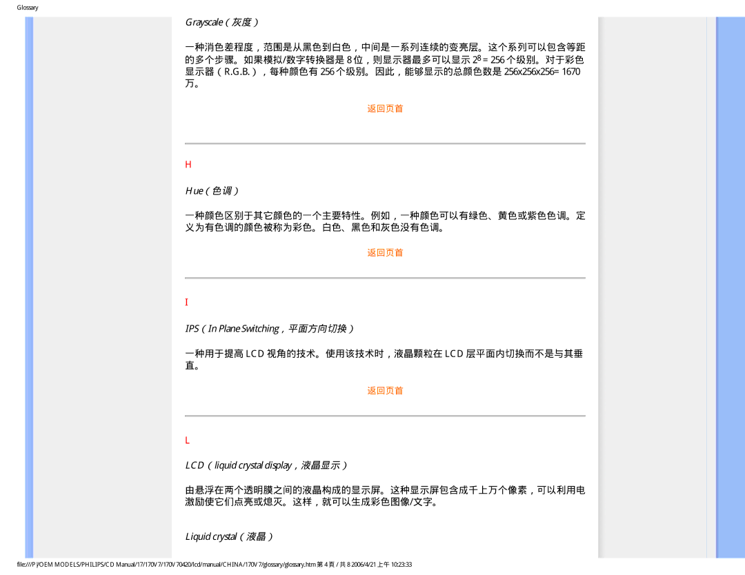 Philips 170V7 Grayscale（灰度）, Hue（色调）, IPS（In Plane Switching，平面方向切换）, LCD（liquid crystal display，液晶显示）, Liquid crystal（液晶） 