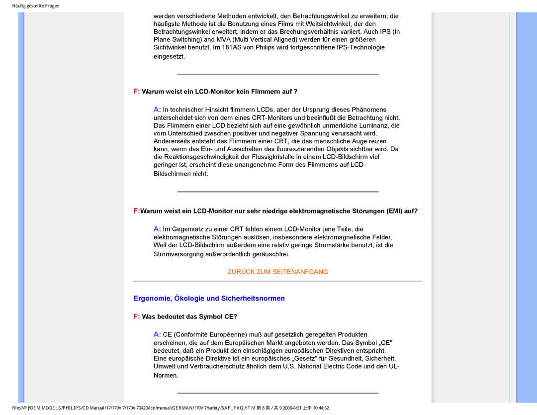 Philips 170V7 user manual Ergonomie, Ökologie und Sicherheitsnormen, Warum weist ein LCD-Monitor kein Flimmern auf ? 