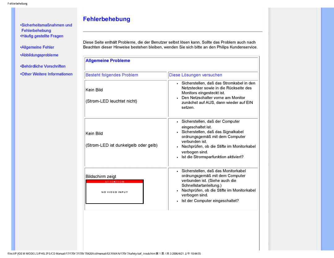 Philips 170V7 user manual Fehlerbehebung, Allgemeine Probleme 