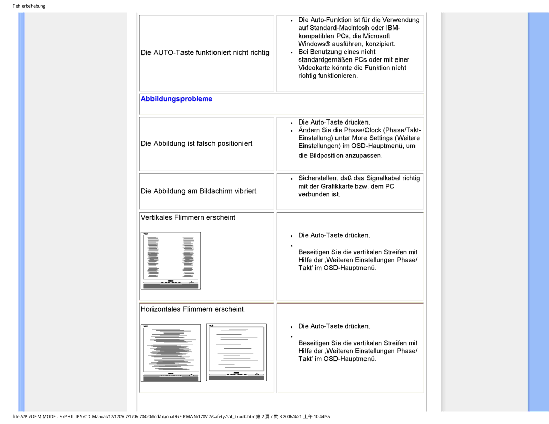 Philips 170V7 user manual Abbildungsprobleme, Horizontales Flimmern erscheint 