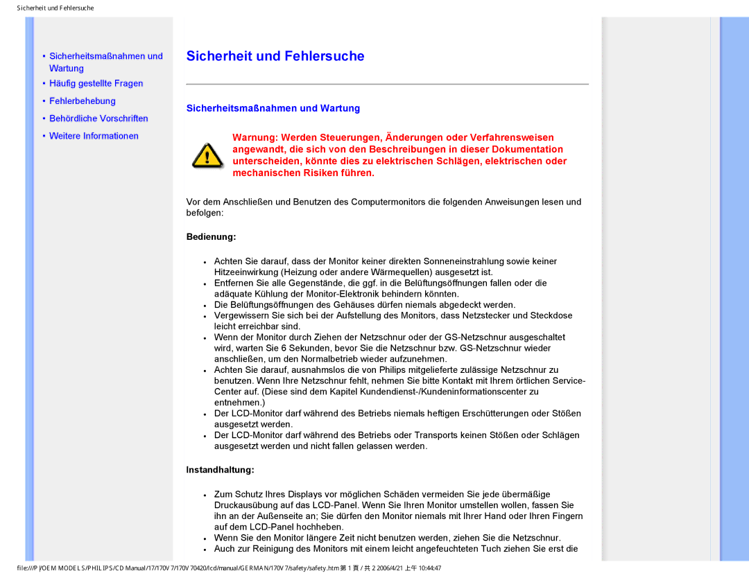 Philips 170V7 user manual Sicherheit und Fehlersuche, Sicherheitsmaßnahmen und Wartung, Bedienung, Instandhaltung 