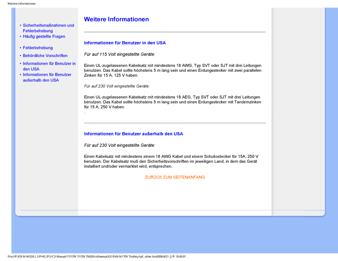 Philips 170V7 Weitere Informationen, Informationen für Benutzer in den USA, Informationen für Benutzer außerhalb den USA 