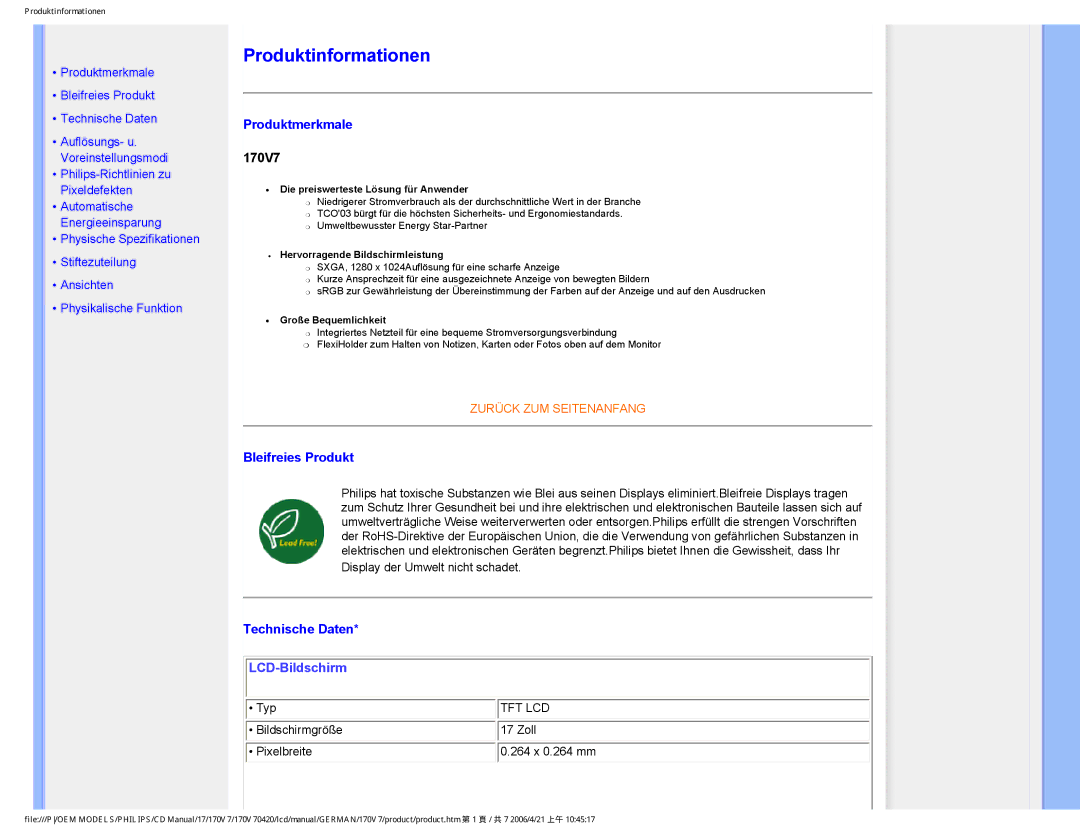 Philips 170V7 user manual Produktmerkmale, Bleifreies Produkt, Technische Daten 