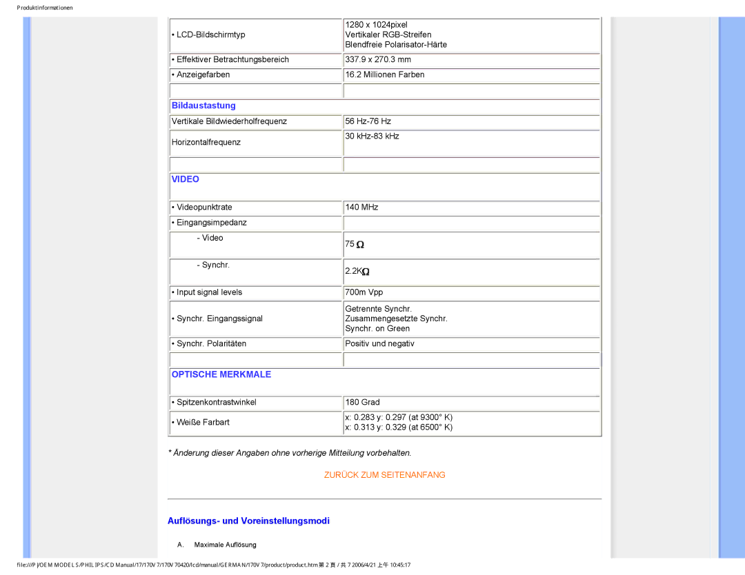 Philips 170V7 user manual Bildaustastung, Auflösungs- und Voreinstellungsmodi 