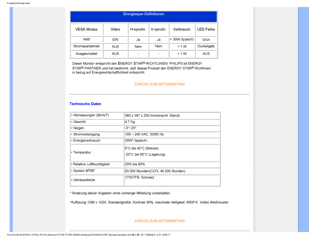 Philips 170V7 user manual Energiespar-Definitionen 